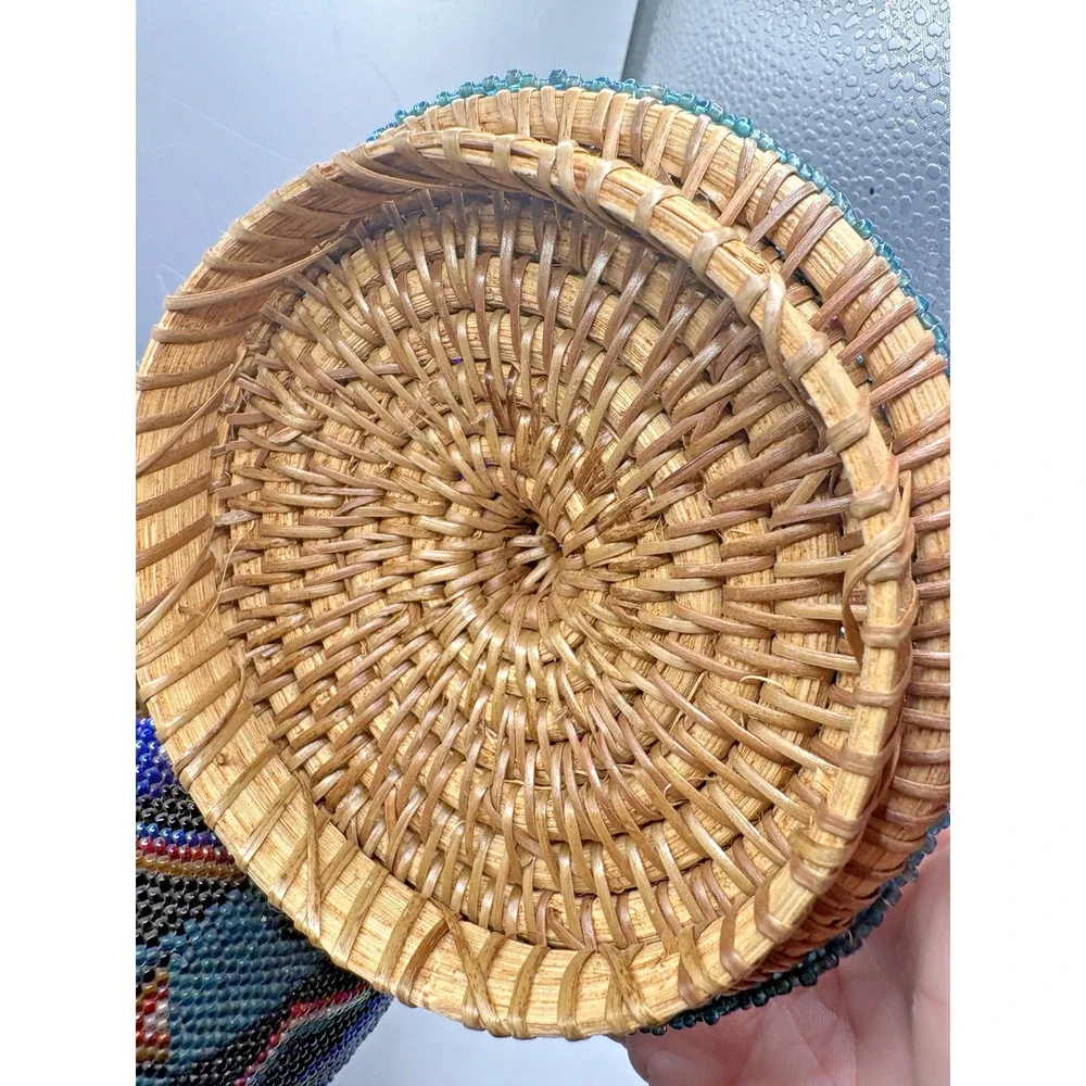 Indonesian Hand Beaded Woven Folk Art Blue Green Geometric Design Basket Lid 7